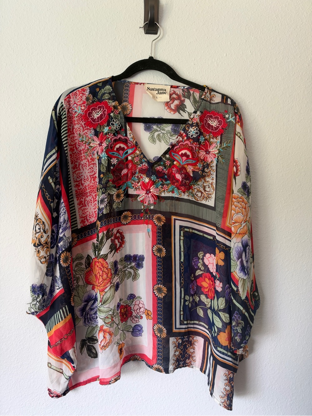Savanna Jane Embroidered Boho Blouse Large Tunic Top Sheer